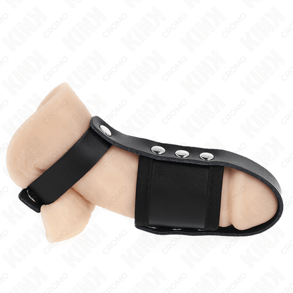 KINK - LEATHER PENIS CAGE RING WITH ADJUSTABLE COATED BALL DIVIDER STRAP - Kink&Play