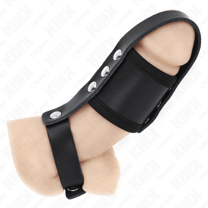 KINK - LEATHER PENIS CAGE RING WITH ADJUSTABLE COATED BALL DIVIDER STRAP - Kink&Play