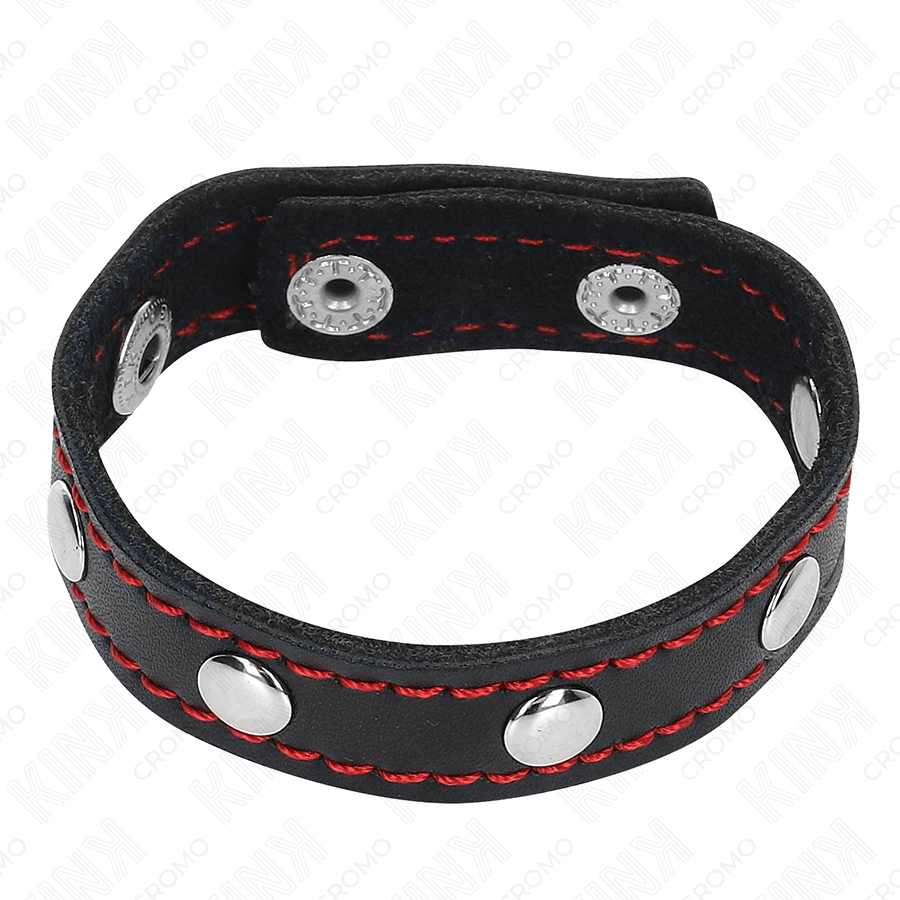 KINK - LEATHER PENIS RING WITH PRESSURE CLOSURE RED LINING 21 X 1.5 CM - Kink&Play