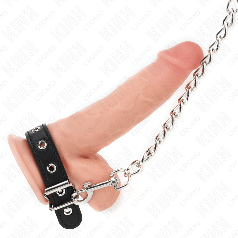 KINK - LEATHER PENIS RING WITH STRAP 21.5 X 2 CM AND METAL CHAIN 60 CM - Kink&Play