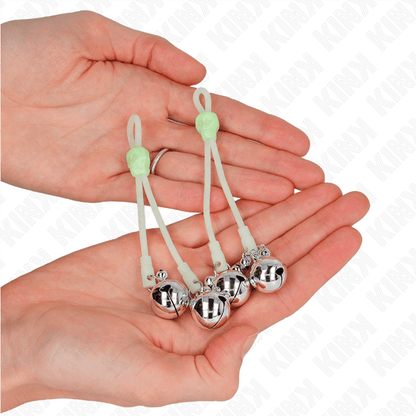 KINK - LUMINOUS SKULL NIPPLE CLAMPS WITH RING BELLS ADJUSTABLE GREEN / SILVER - Kink&Play