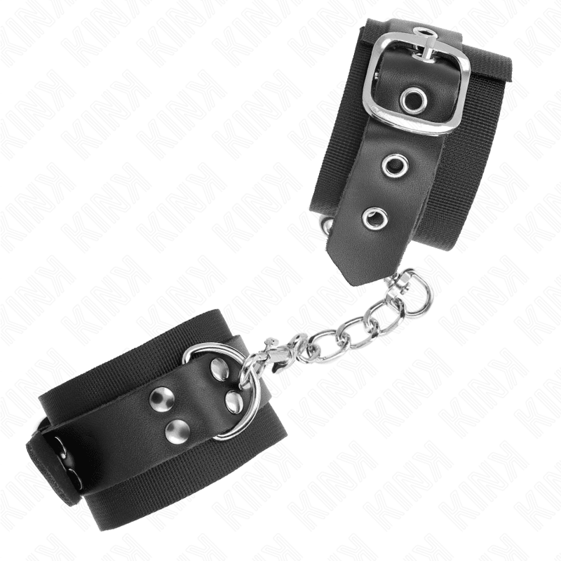 KINK - NYLON WRIST RESTRAINTS BLACK WITH LEATHER BELT BLACK ADJUSTABLE 19 - 29 CM X 5.1 CM - Kink&Play
