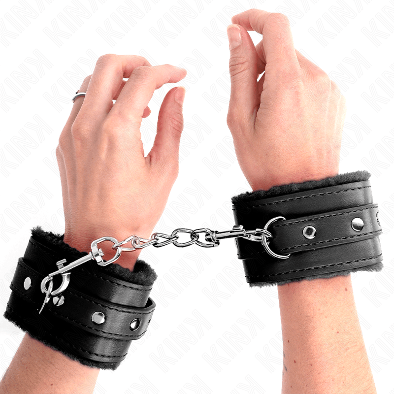 KINK - PREMIUM FUR LINED WRIST RESTRAINTS BLACK WITH BLACK BELT ADJUSTABLE 17 - 29 CM X 6 CM - Kink&Play