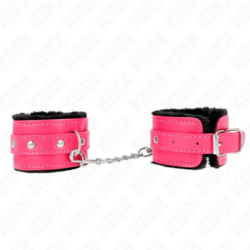 KINK - PREMIUM FUR LINED WRIST RESTRAINTS BLACK WITH RASPBERRY ROSE BELT ADJUSTABLE 17 - 29 CM X 6 CM - Kink&Play