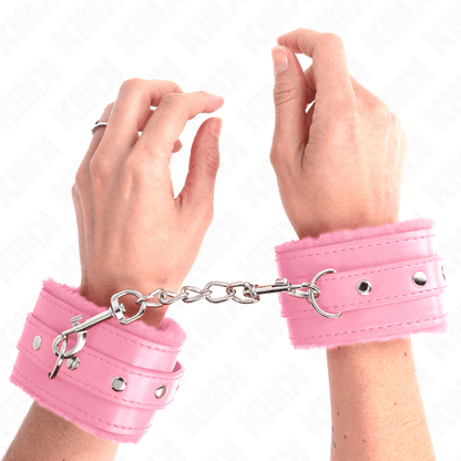 KINK - PREMIUM FUR LINED WRIST RESTRAINTS PINK WITH PINK BELT ADJUSTABLE 17 - 29 CM X 6 CM - Kink&Play