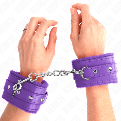 KINK - PREMIUM FUR LINED WRIST RESTRAINTS PURPLE WITH PURPLE BELT ADJUSTABLE 17 - 29 CM X 6 CM - Kink&Play