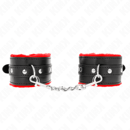 KINK - PREMIUM FUR LINED WRIST RESTRAINTS RED WITH BLACK BELT ADJUSTABLE 17 - 29 CM X 6 CM - Kink&Play