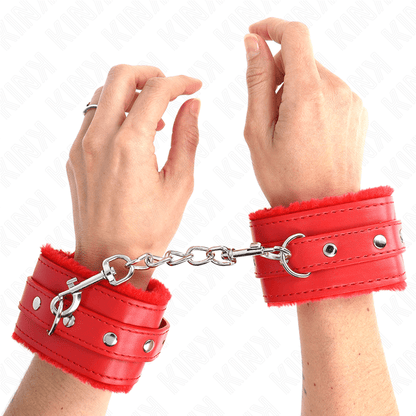 KINK - PREMIUM FUR LINED WRIST RESTRAINTS RED WITH RED BELT ADJUSTABLE 17 - 29 CM X 6 CM - Kink&Play