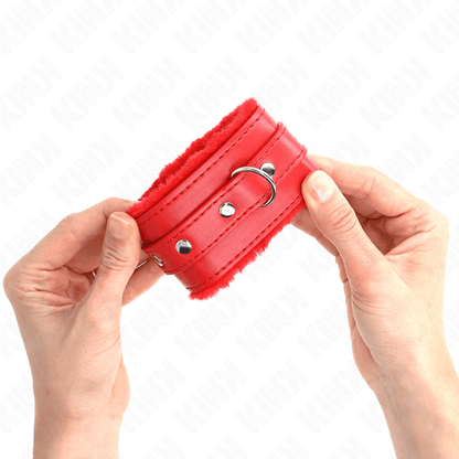 KINK - PREMIUM FUR LINED WRIST RESTRAINTS RED WITH RED BELT ADJUSTABLE 17 - 29 CM X 6 CM - Kink&Play