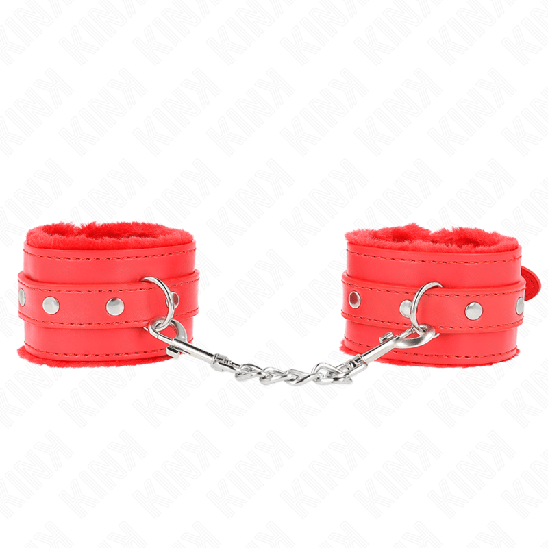 KINK - PREMIUM FUR LINED WRIST RESTRAINTS RED WITH RED BELT ADJUSTABLE 17 - 29 CM X 6 CM - Kink&Play