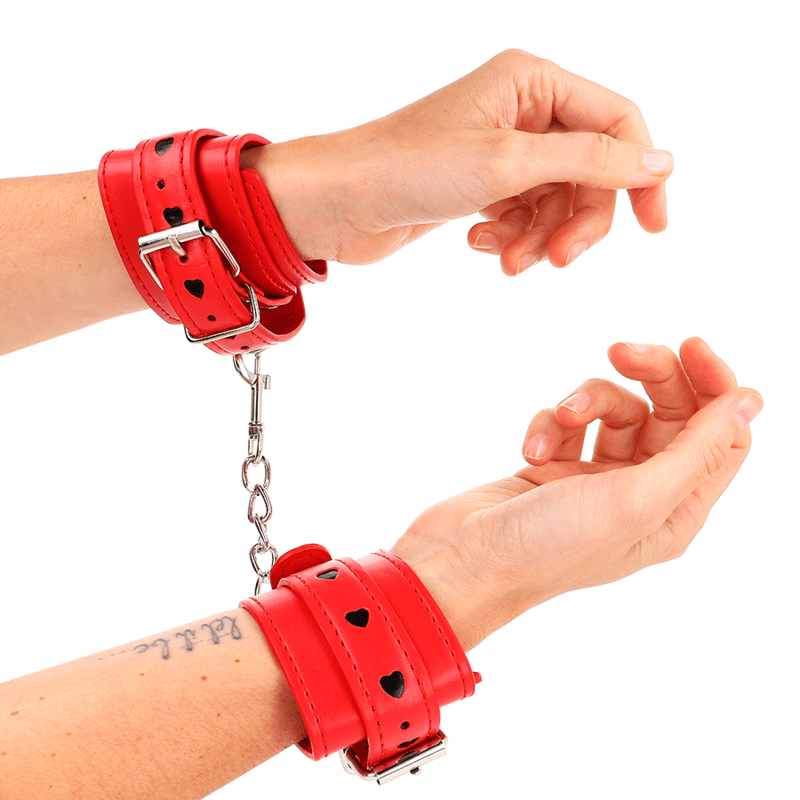 KINK - RED WRIST RESTRAINTS WITH BLACK HEART INLAY ADJUSTABLE 21 - 28 CM X 5.5 CM - Kink&Play