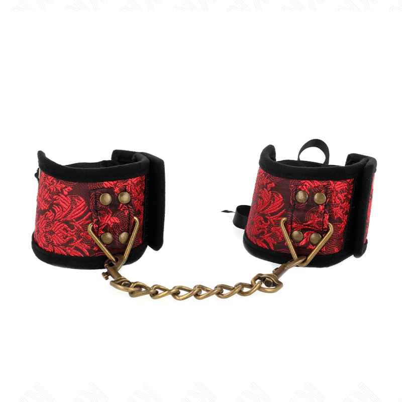 KINK - SCANDAL WRIST RESTRAINTS RED - BLACK LACE DETAILS 24.5 CM X 6.5 CM - Kink&Play