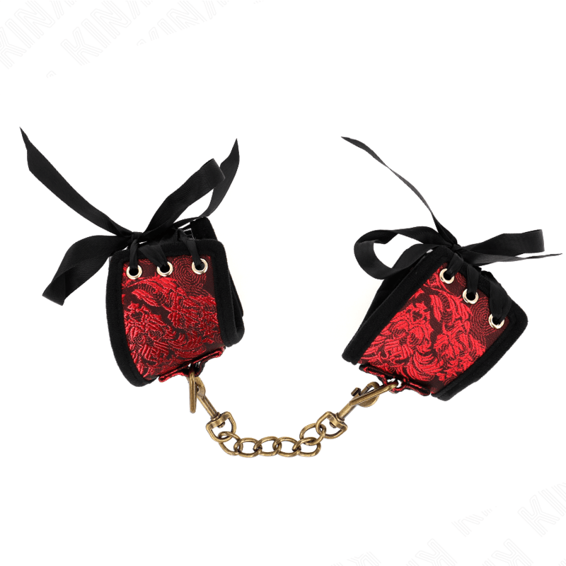 KINK - SCANDAL WRIST RESTRAINTS RED - BLACK LACE DETAILS 24.5 CM X 6.5 CM - Kink&Play