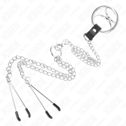 KINK - TRIPLE CHROME METAL PENIS RING 3 CM TO 4.5 CM WITH 26 CM METAL CHAIN AND NIPPLE CLIPS - Kink&Play