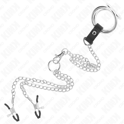 KINK - TRIPLE CHROME METAL PENIS RING 3 CM TO 4.5 CM WITH 26 CM METAL CHAIN AND NIPPLE CLIPS - Kink&Play