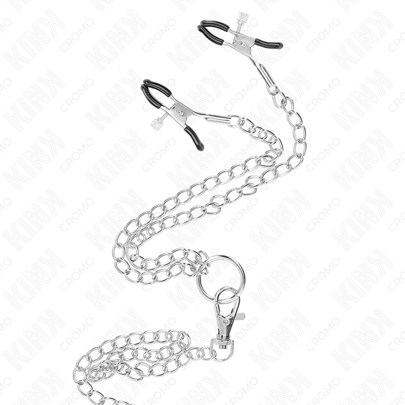 KINK - TRIPLE CHROME METAL PENIS RING 3 CM TO 4.5 CM WITH 26 CM METAL CHAIN AND NIPPLE CLIPS - Kink&Play