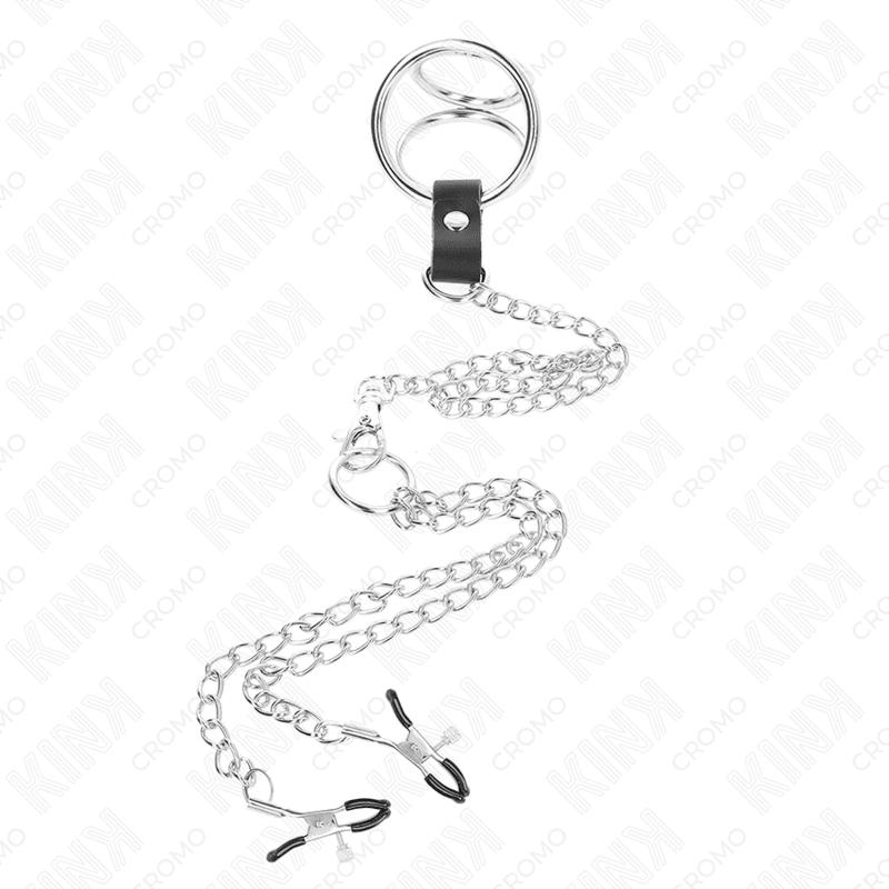 KINK - TRIPLE CHROME METAL PENIS RING 3.8 CM TO 5 CM WITH 26 CM METAL CHAIN AND NIPPLE CLAMPS MODEL 1 - Kink&Play