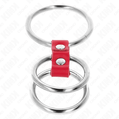 KINK - TRIPLE METAL PENIS RING 3.7 CM TO 5 CM CONNECTED WITH RED LEATHER - Kink&Play