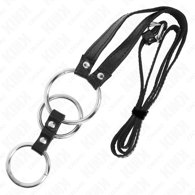 KINK - TRIPLE METAL PENIS RING 3.8 CM TO 5 CM WITH LEATHER BELT 112 CM - Kink&Play
