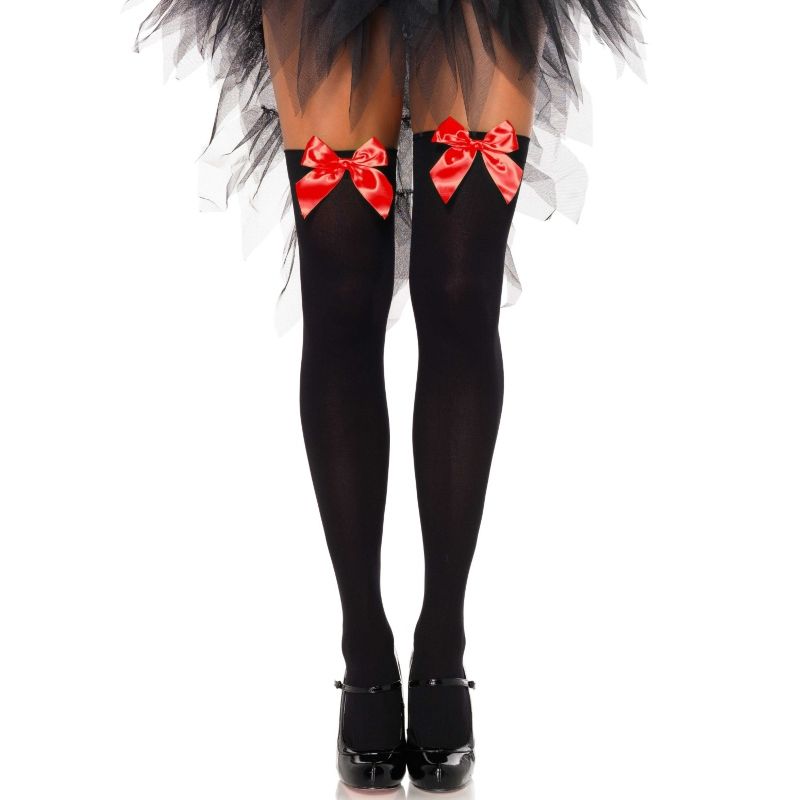 LEG AVENUE - BLACK NYLON THIGH HIGHS WITH RED BOW ONE SIZE - Kink&Play