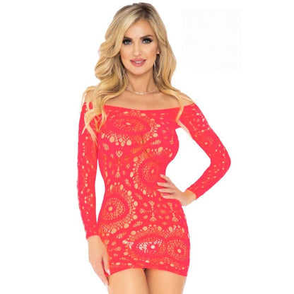 LEG AVENUE - CROCHET LACE LONG SLEEVE MINI DRESS RED ONE SIZE - Kink&Play