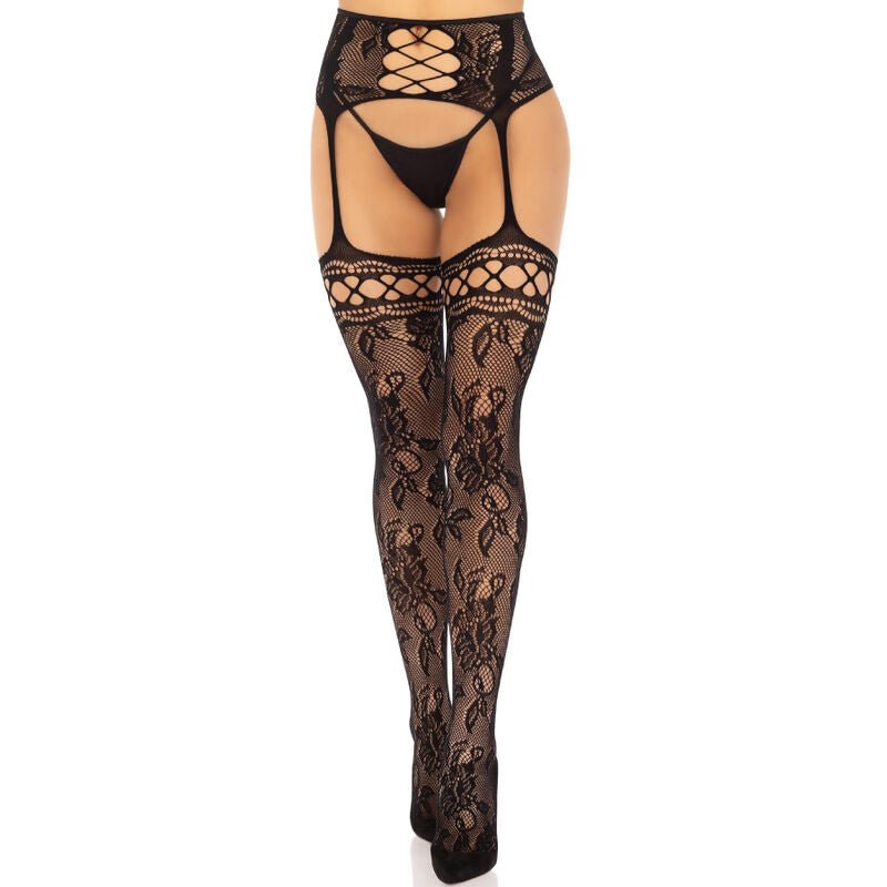 LEG AVENUE - FLORAL LACE GARTER STOCKINGS BLACK - Kink&Play