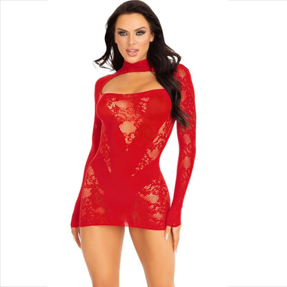 LEG AVENUE - MINI DRESS WITH LACE LONG SLEEVE RED - Kink&Play