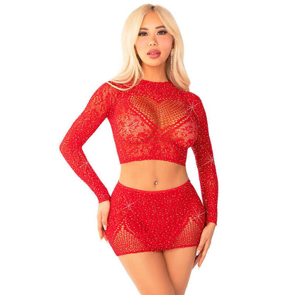 LEG AVENUE - SHINY NET CROP + MINI SKIRT RED - Kink&Play