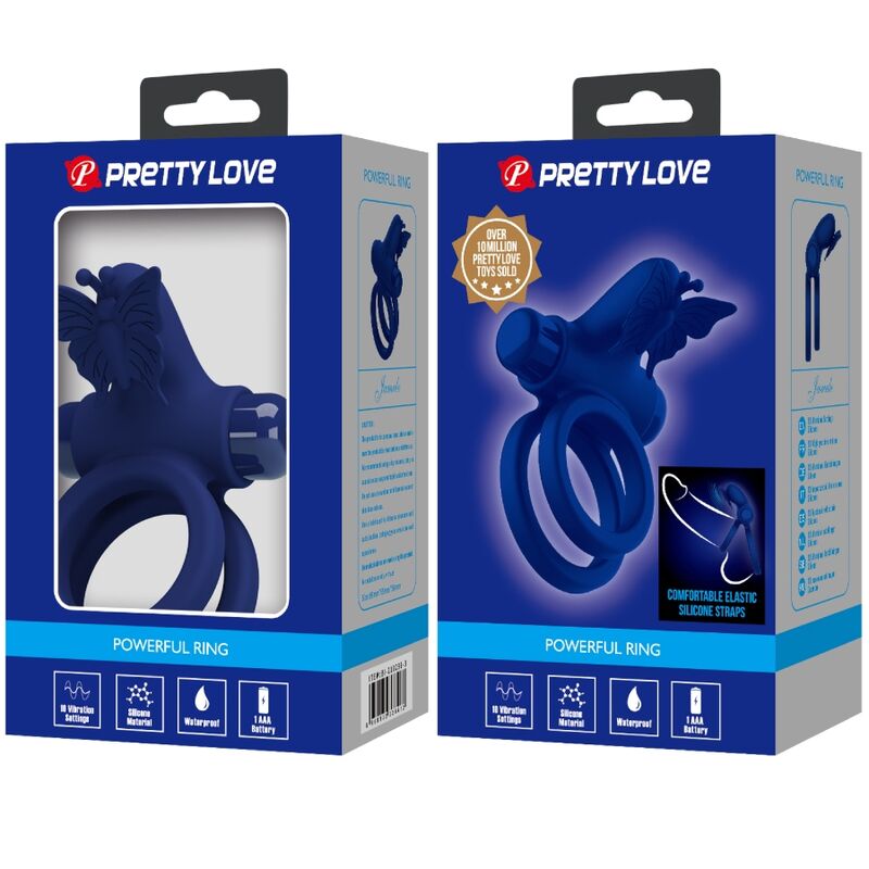 PRETTY LOVE - JAMELE DOUBLE RING WITH VIBRATION & BUTTERFLY STIMULATOR BLUE - Kink&Play