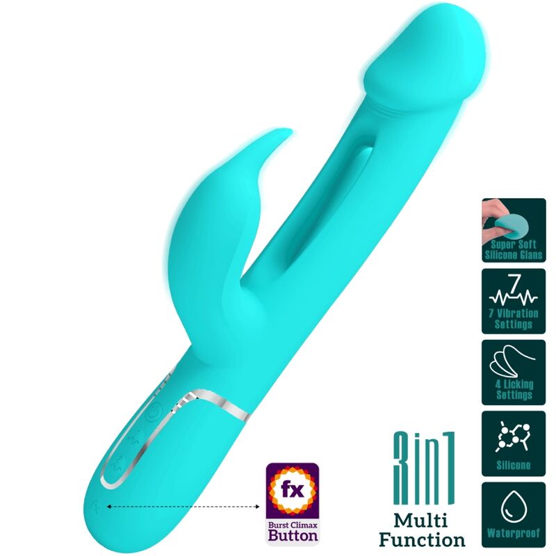PRETTY LOVE - KAMPAS RABBIT 3 IN 1 MULTIFUNCTION VIBRATOR WITH TONGUE AQUA GREEN - Kink&Play