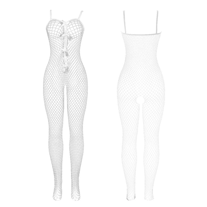 SUBBLIME - 951740 BODYSTOCKING WHITE FISHNET CROTCHLESS WITH BOWS ONE SIZE - Kink&Play