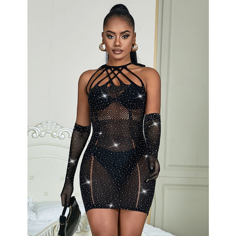 SUBBLIME - 952235 FISHNET DRESS WITH RHINESTONES BLACK ONE SIZE - Kink&Play