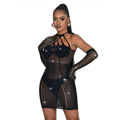 SUBBLIME - 952235 FISHNET DRESS WITH RHINESTONES BLACK ONE SIZE - Kink&Play