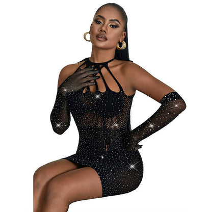SUBBLIME - 952235 FISHNET DRESS WITH RHINESTONES BLACK ONE SIZE - Kink&Play