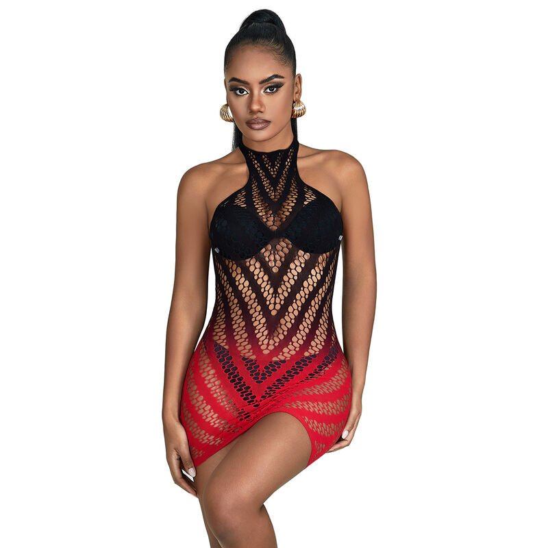 SUBBLIME - 952242 RED AND BLACK DEGRADED ELASTIC FISHNET DRESS ONE SIZE - Kink&Play