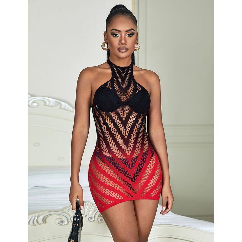 SUBBLIME - 952242 RED AND BLACK DEGRADED ELASTIC FISHNET DRESS ONE SIZE - Kink&Play