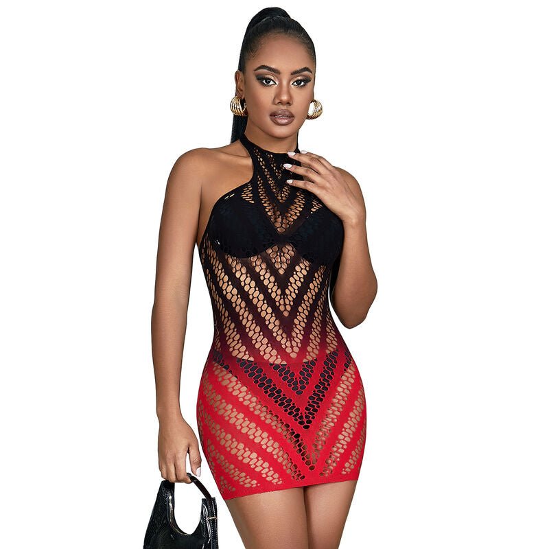SUBBLIME - 952242 RED AND BLACK DEGRADED ELASTIC FISHNET DRESS ONE SIZE - Kink&Play