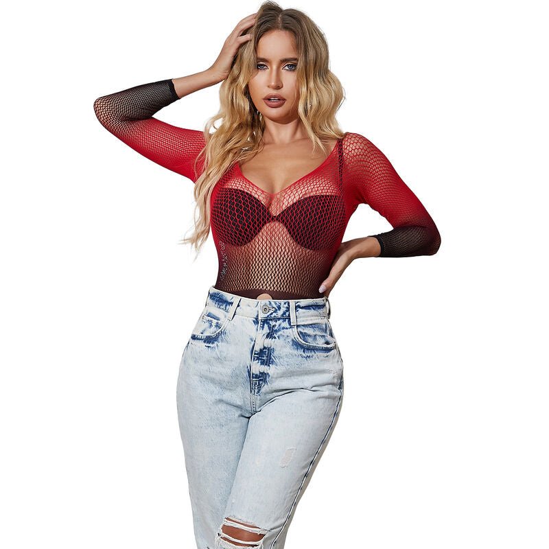 SUBBLIME - 952259 RED AND BLACK GRADIENT LONG SLEEVE ELASTIC FISHNET DRESS ONE SIZE - Kink&Play