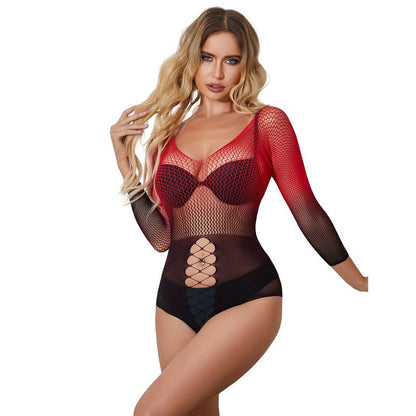 SUBBLIME - 952259 RED AND BLACK GRADIENT LONG SLEEVE ELASTIC FISHNET DRESS ONE SIZE - Kink&Play