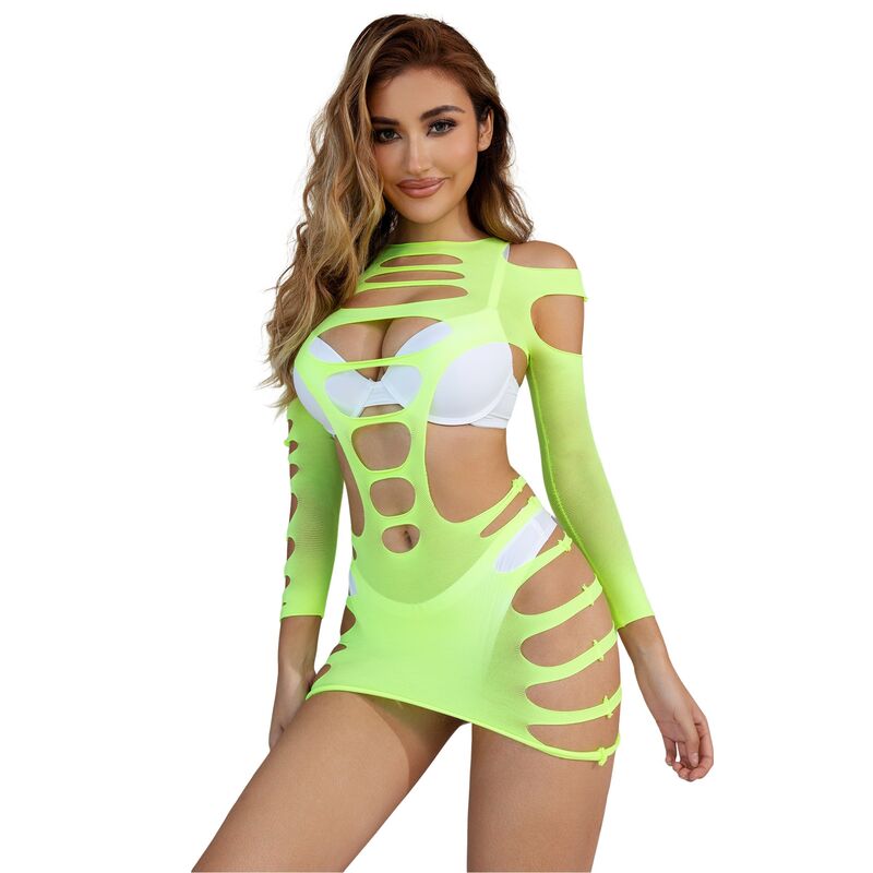 SUBBLIME - 952280 GREEN LONG SLEEVE ELASTIC FISHNET DRESS ONE SIZE - Kink&Play