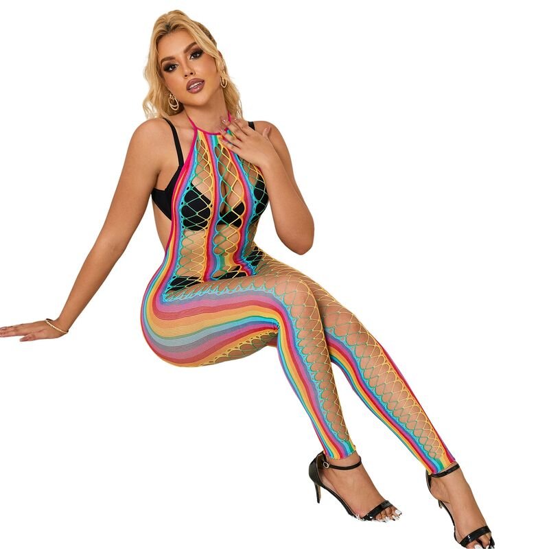 SUBBLIME - 952358 RAINBOW HALTER NECK FISHNET DRESS ONE SIZE - Kink&Play