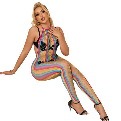 SUBBLIME - 952358 RAINBOW HALTER NECK FISHNET DRESS ONE SIZE - Kink&Play