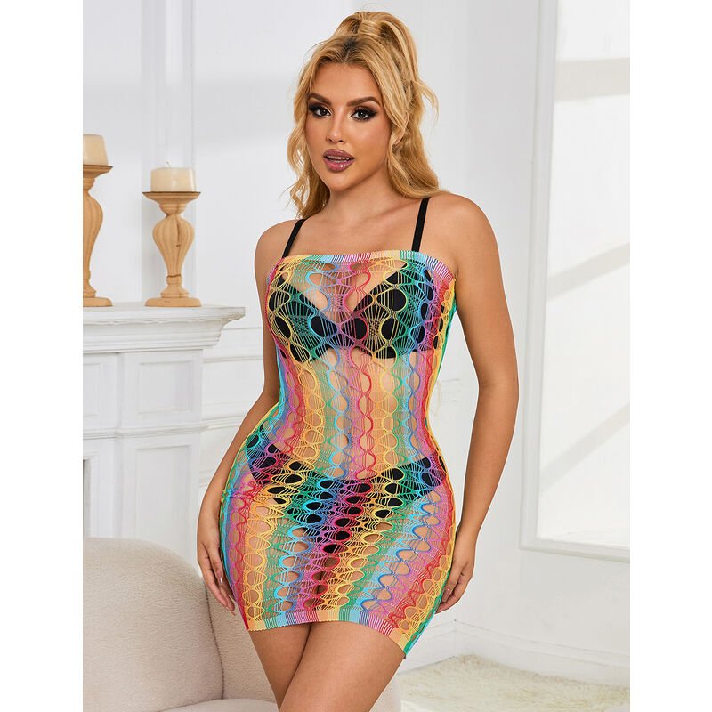 SUBBLIME - 952365 RAINBOW BARE SHOULDER FISHNET DRESS ONE SIZE - Kink&Play