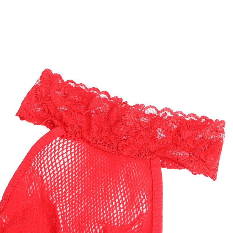 SUBBLIME - 952372 FISHNET AND LACE CROTCHLESS BODYSTOCKING WITH HIGH NECK RED ONE SIZE - Kink&Play