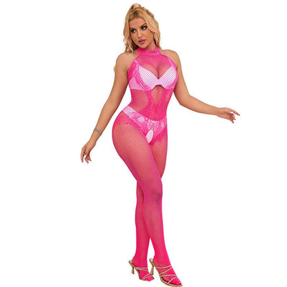 SUBBLIME - 952389 FISHNET AND LACE CROTCHLESS BODYSTOCKING WITH HIGH NECK PINK ONE SIZE - Kink&Play