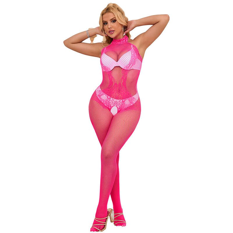 SUBBLIME - 952389 FISHNET AND LACE CROTCHLESS BODYSTOCKING WITH HIGH NECK PINK ONE SIZE - Kink&Play