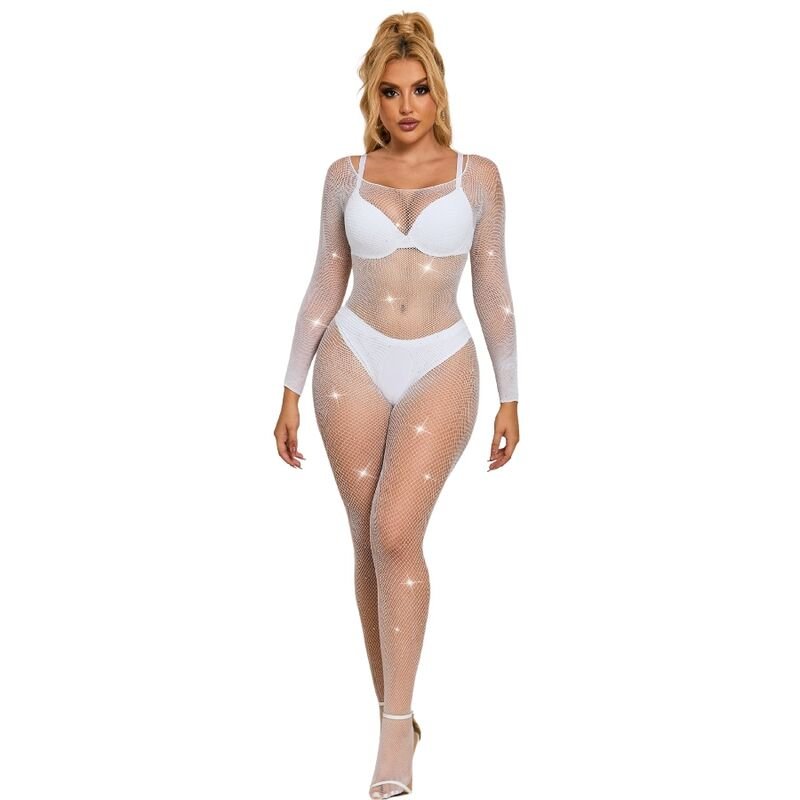 SUBBLIME - 952396 FISHNET BODYSTOCKING WITH DIAMONDS LONG SLEEVE WHITE ONE SIZE - Kink&Play