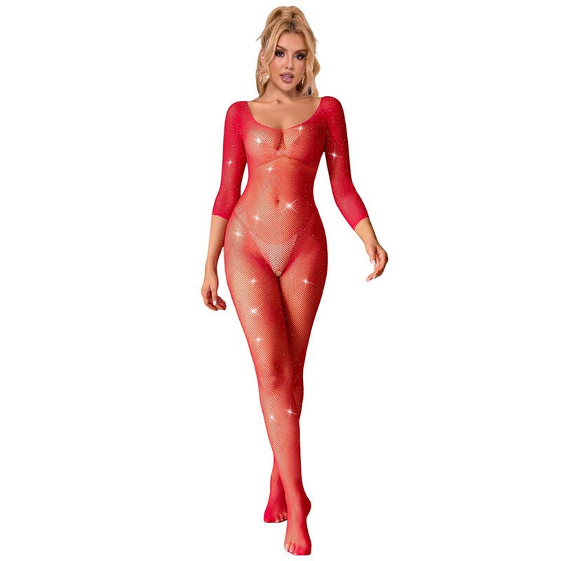 SUBBLIME - 952419 FISHNET BODYSTOCKING WITH DIAMONDS LONG SLEEVE RED ONE SIZE - Kink&Play