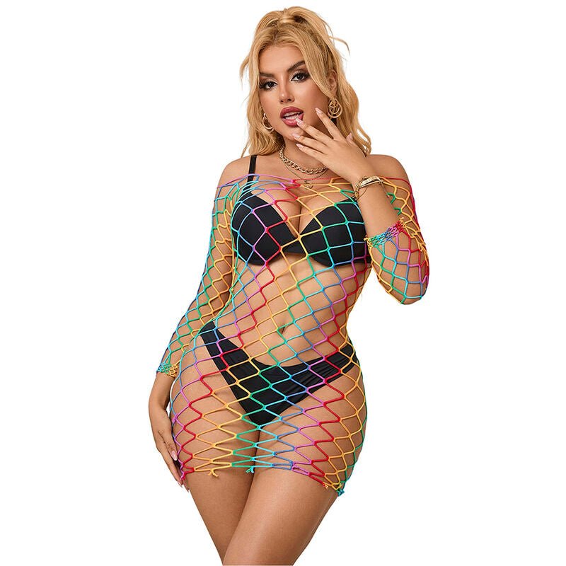 SUBBLIME - 952426 RAINBOW LONG SLEEVE FISHNET DRESS ONE SIZE - Kink&Play