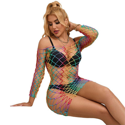 SUBBLIME - 952426 RAINBOW LONG SLEEVE FISHNET DRESS ONE SIZE - Kink&Play